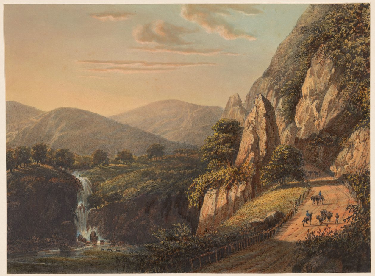 Vista de uma cascata e estrada de campo em Preanger em Java
Em Sumandan. (Preanger regency.) (título sobre o objecto) de Johan Conrad Greive