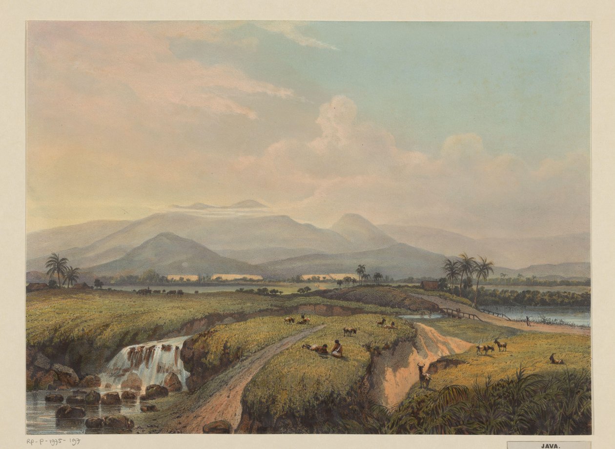 Vista das montanhas em Java Vista das montanhas Kawische e da empresa de tabaco (residência assistente Malang) (título no objeto) de Johan Conrad Greive
