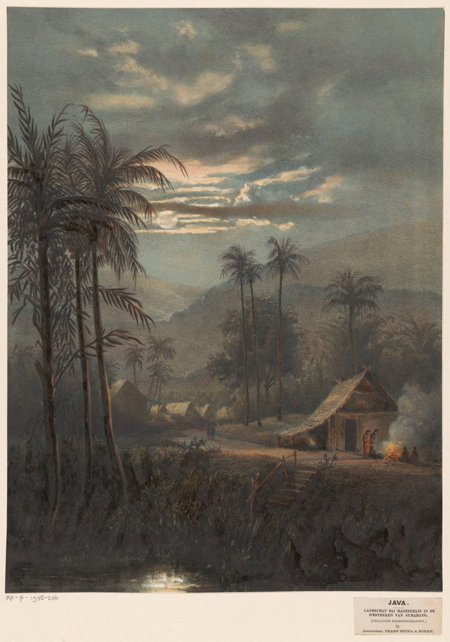 Paisagem ao luar perto de Sumedang Paisagem ao luar nos arredores de Sumadang (regências pré-raiva.) (título no objeto) de Johan Conrad Greive
