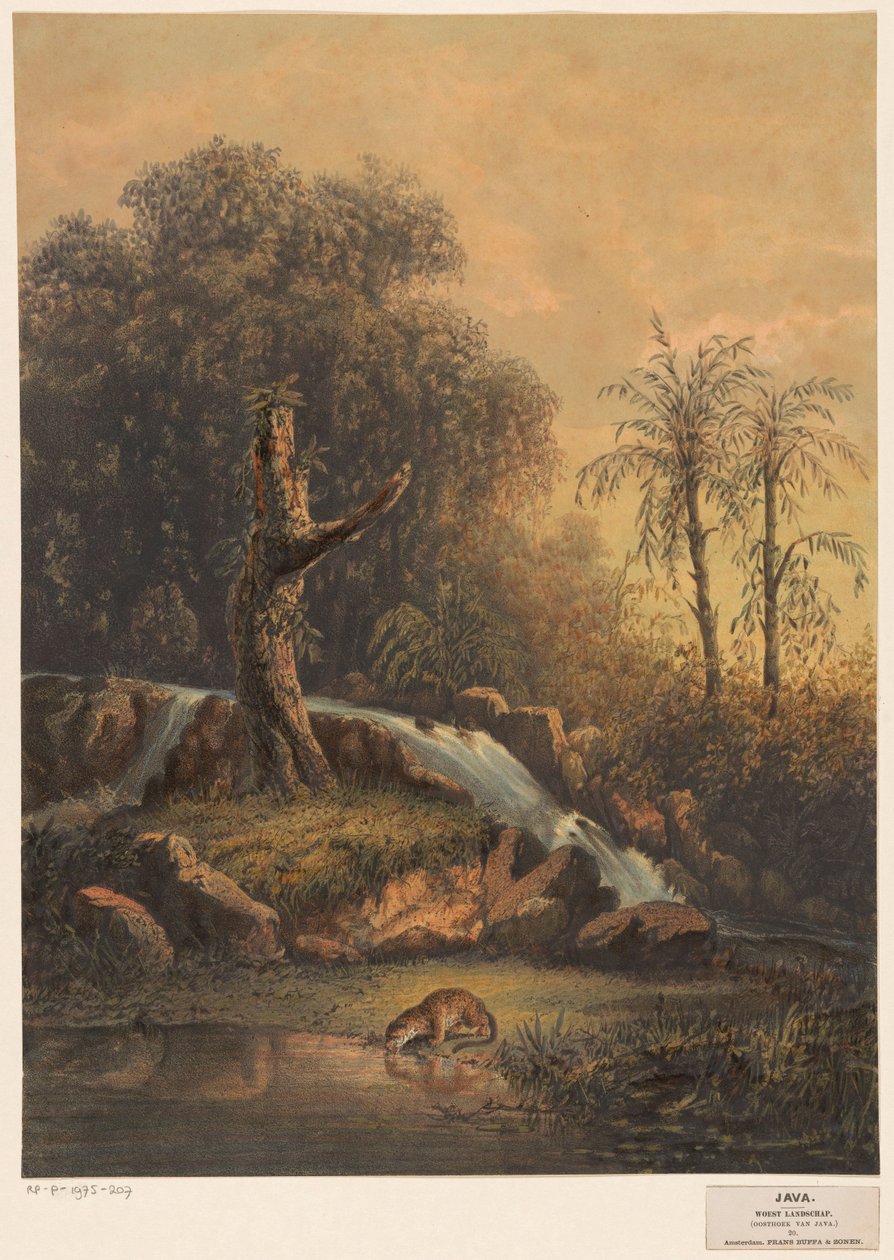 Paisagem com cascata e leopardo para beber
Paisagem desolada (canto leste de Java) (título sobre o objecto) de Johan Conrad Greive