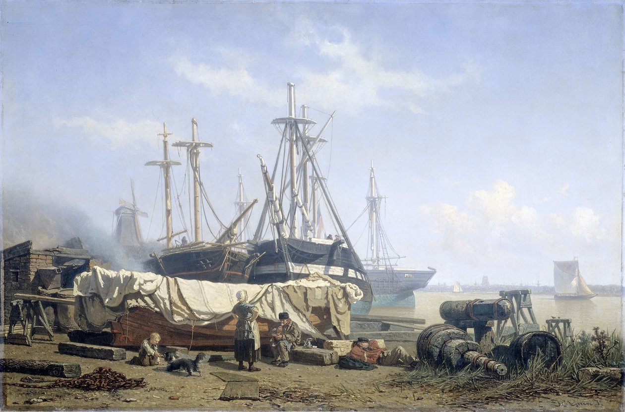 Intervalo do meio-dia num estaleiro naval no Maas de Johan Conrad Greive