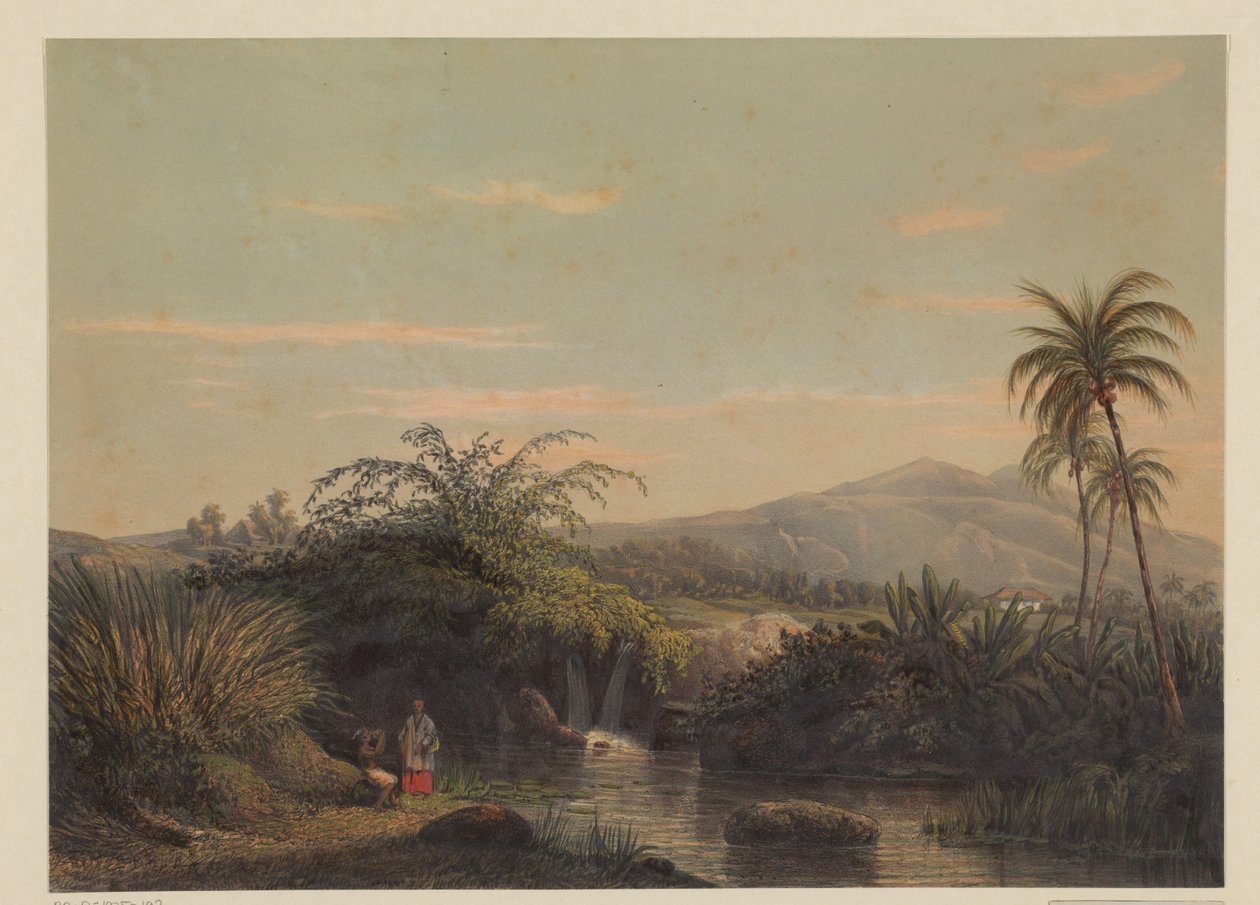 Duas figuras em um bebedouro em Java Vista do país Tjiliboet (residência assistente Buitenzorg) (título no objeto) de Johan Conrad Greive
