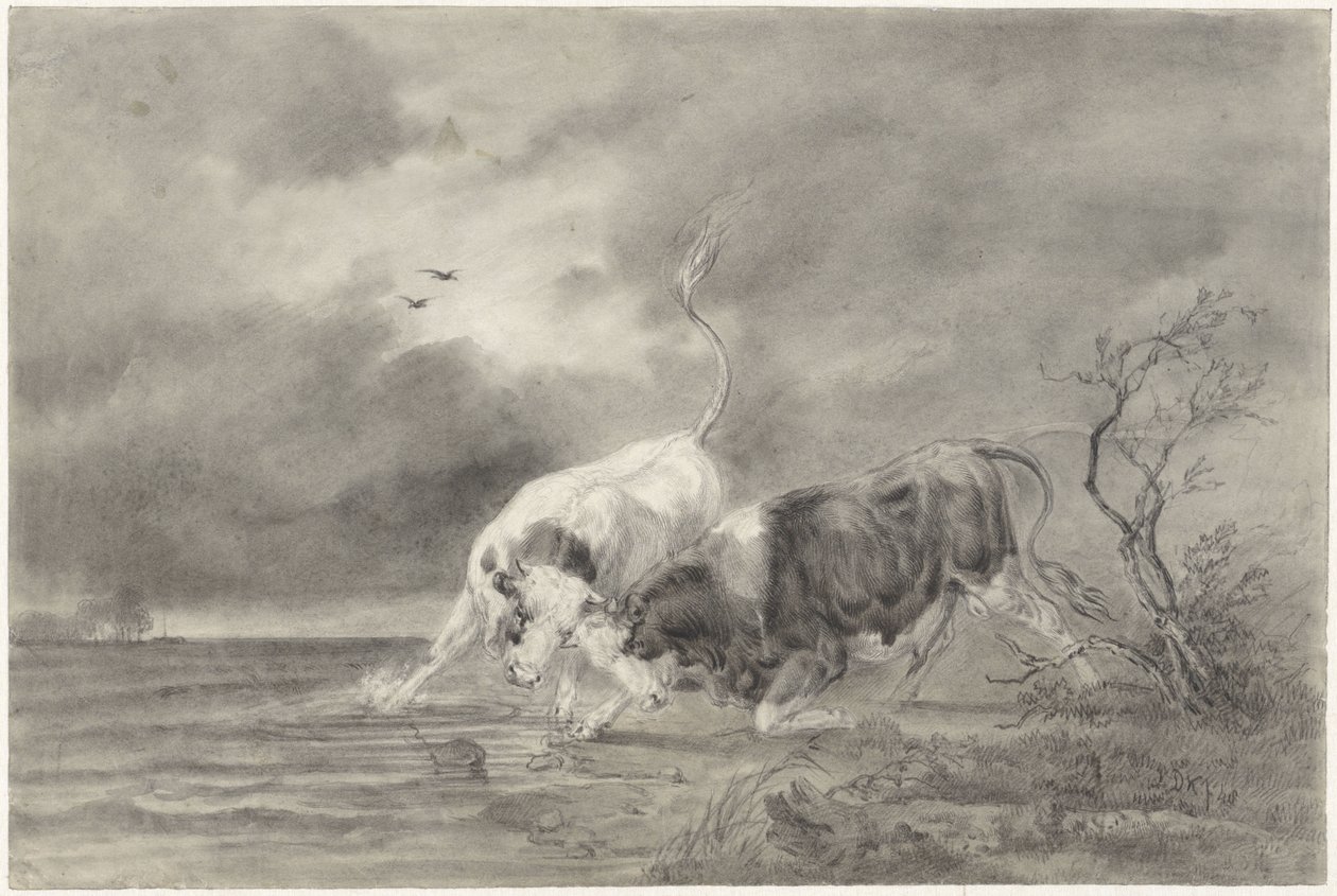 Dois touros lutando em uma paisagem fluvial de Johan Daniël Koelman