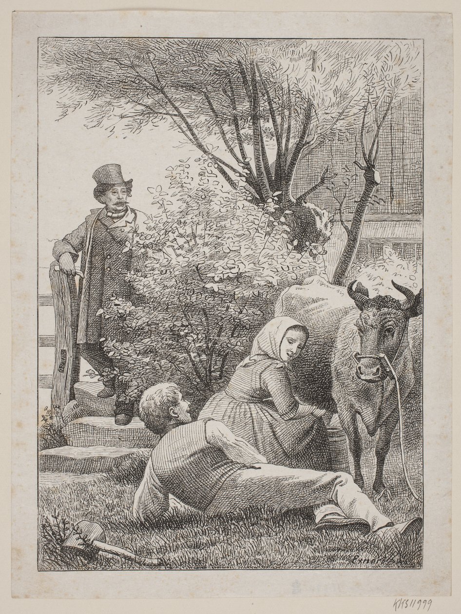 "Sidstille com sua vaca vermelha", página de título para Chr. Winthus "xilogravura" de Johan Frederik Rosenstand