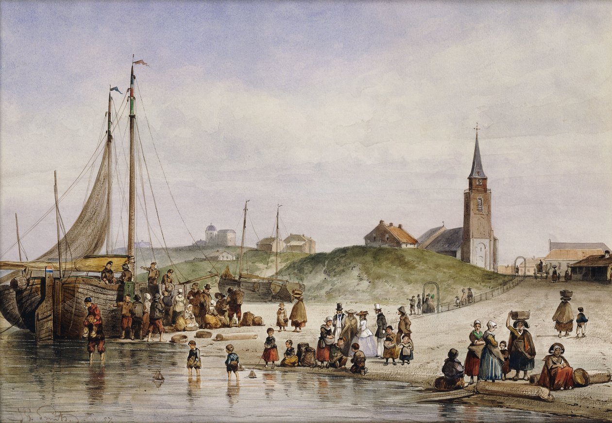Pescadores em uma praia com uma cidade além, 1857 de Johan Gerard Smits