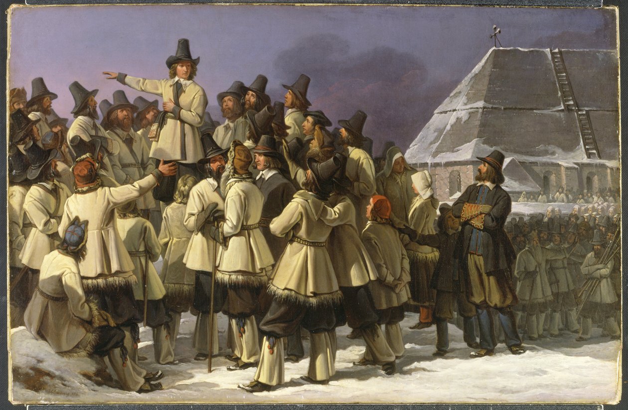 Rei Gustav I Vasa (1496-1560) Dirigindo-se aos homens de Dalarna em Mora - Rei Gustav Vasa da Suécia Dirigindo-se aos homens de Dalarna em Mora, por Sandberg, Johan Gustaf (1782-1854). Óleo sobre tela de Johan Gustaf Sandberg