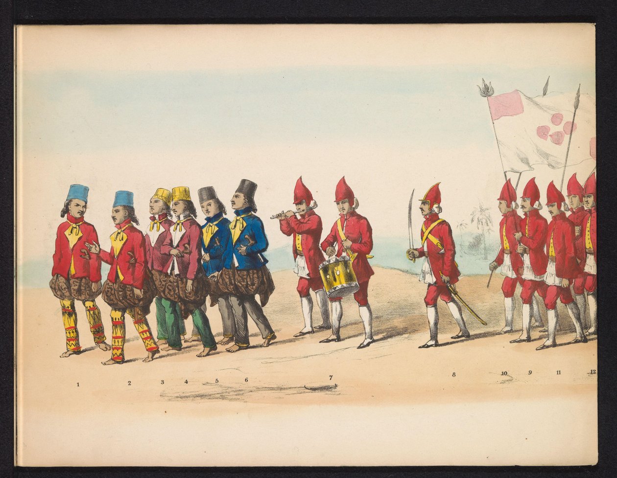 Mascarada dos estudantes de Delft, 1857 (placa 1)
Desfile com trajes realizados pelos membros do corpo estudantil de Delft em 5 de Maio de 1857, representando o desfile de Garebeg do Sultão de Djokjokarta e os tipos mais característicos do N de Johan Hendrik Hoffmeister