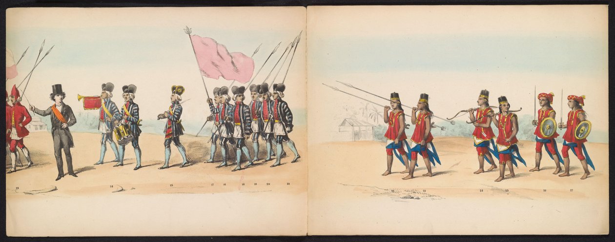 Mascarada dos estudantes de Delft, 1857 (placa 2)
Desfile com trajes realizados pelos membros do corpo estudantil de Delft em 5 de Maio de 1857, representando o desfile de Garebeg do Sultão de Djokjokarta e os tipos mais característicos do N de Johan Hendrik Hoffmeister