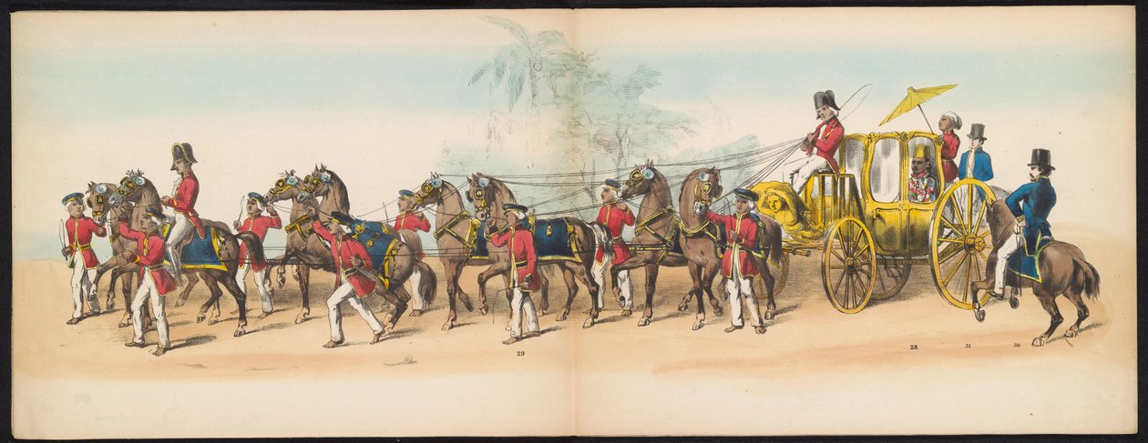 Máscara dos Estudantes de Delft, 1857 (placa 3) Procissão fantasiada realizada pelos membros do corpo estudantil de Delft em 5 de maio de 1857, representando a procissão Garebeg do Sultão de Djokjokarta e os tipos mais característicos da Holanda. de Johan Hendrik Hoffmeister