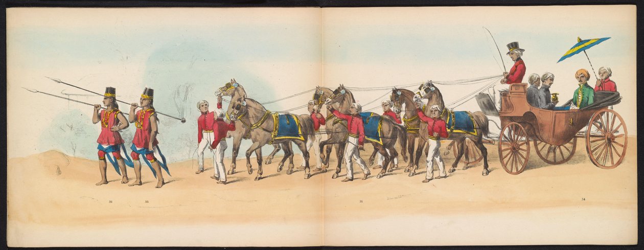 Mascarada dos estudantes de Delft, 1857 (placa 4)
Desfile com trajes realizados pelos membros do corpo estudantil de Delft em 5 de Maio de 1857, representando o desfile de Garebeg do Sultão de Djokjokarta e os tipos mais característicos do N de Johan Hendrik Hoffmeister