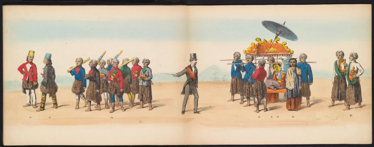 Mascarada dos estudantes de Delft, 1857 (placa 5)
Desfile de trajes realizado pelos membros do corpo estudantil de Delft em 5 de Maio de 1857, representando o desfile de Garebeg do Sultão de Djokjokarta e os tipos mais característicos do N de Johan Hendrik Hoffmeister