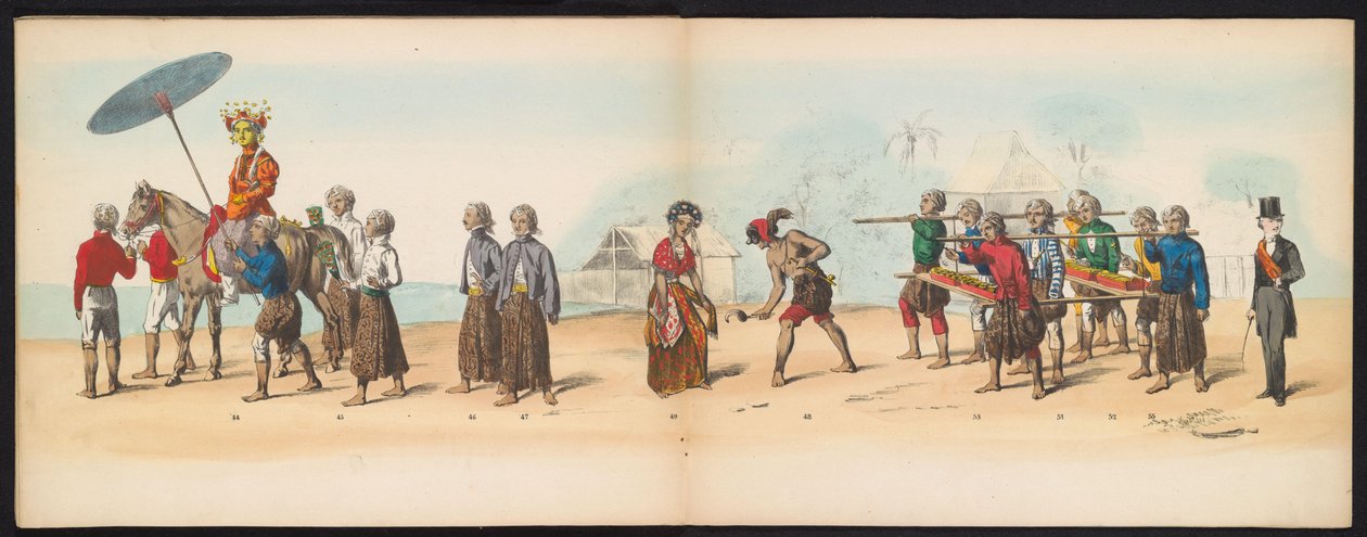 Máscara dos Estudantes de Delft, 1857 (placa 6) Procissão fantasiada realizada pelos membros do corpo estudantil de Delft em 5 de maio de 1857, representando a procissão Garebeg do Sultão de Djokjokarta e os tipos mais característicos da Holanda. de Johan Hendrik Hoffmeister