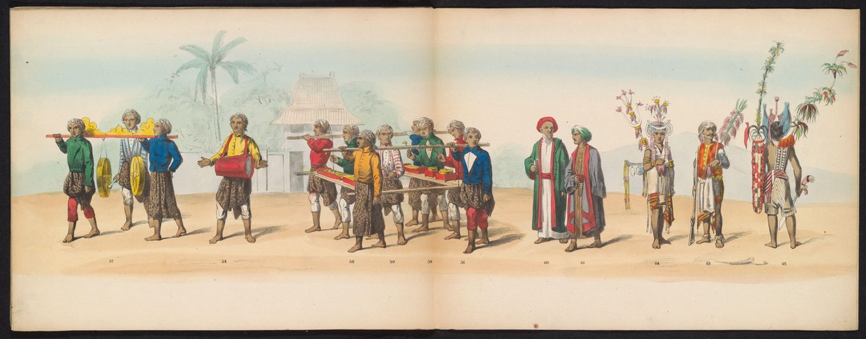 Mascarada dos estudantes de Delft, 1857 (placa 7)
Desfile com trajes realizados pelos membros do corpo estudantil de Delft em 5 de Maio de 1857, representando o desfile de Garebeg do Sultão de Djokjokarta e os tipos mais característicos do N de Johan Hendrik Hoffmeister
