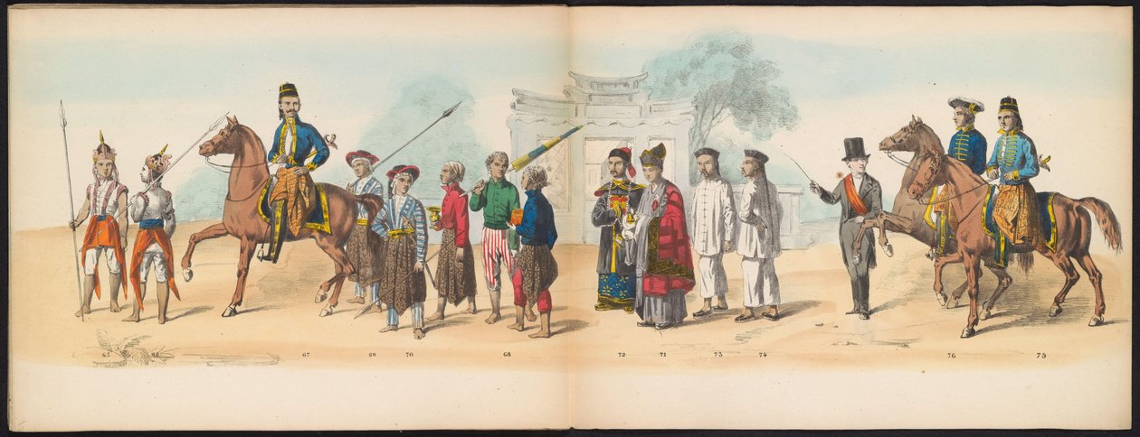 Máscara dos Estudantes de Delft, 1857 (placa 8) Procissão fantasiada realizada pelos membros do corpo estudantil de Delft em 5 de maio de 1857, representando a procissão Garebeg do Sultão de Djokjokarta e os tipos mais característicos da Holanda. de Johan Hendrik Hoffmeister