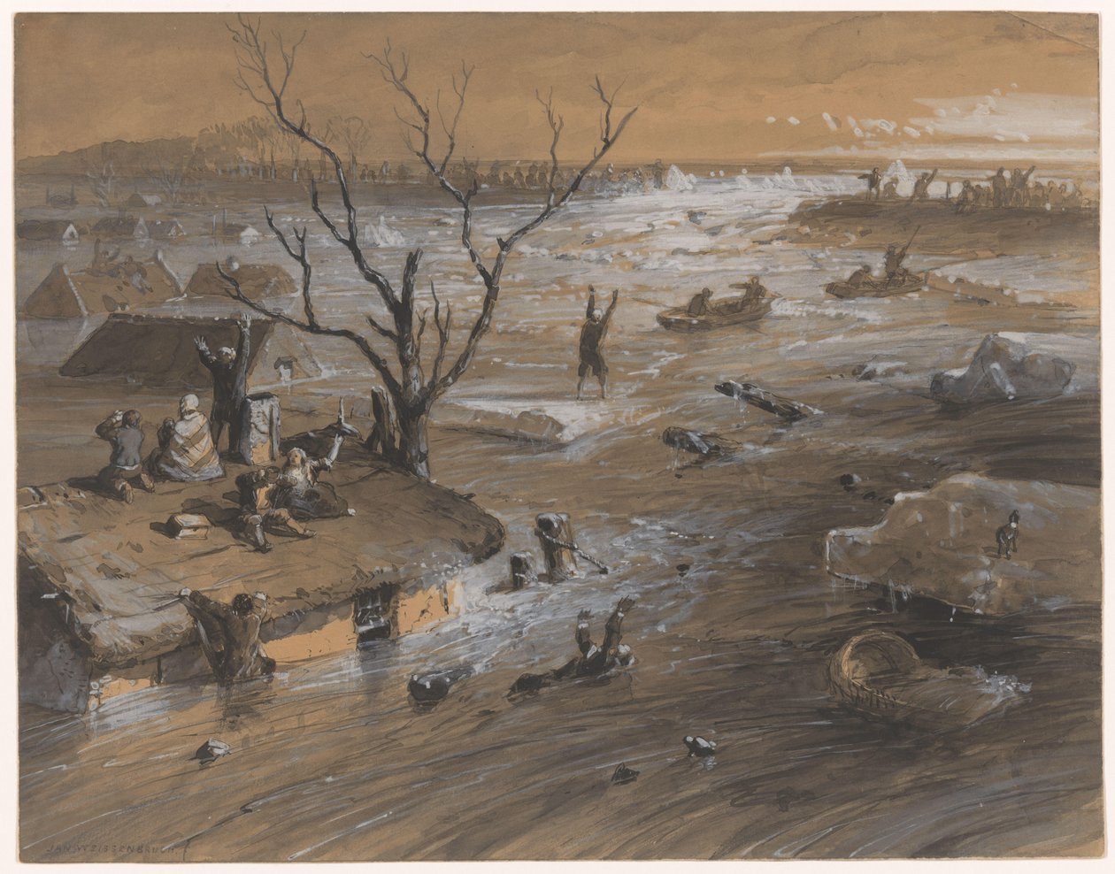 Dike breach at Brakel, 4 de Janeiro de 1861 (título sobre o objecto) de Johan Hendrik Weissenbruch (signed by artist)