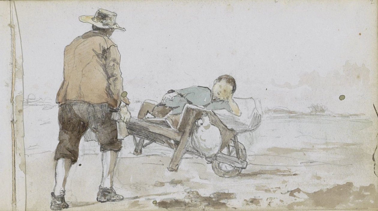 Paisagem com um homem empurrando um menino em um carrinho de mão de Johan Hendrik Weissenbruch