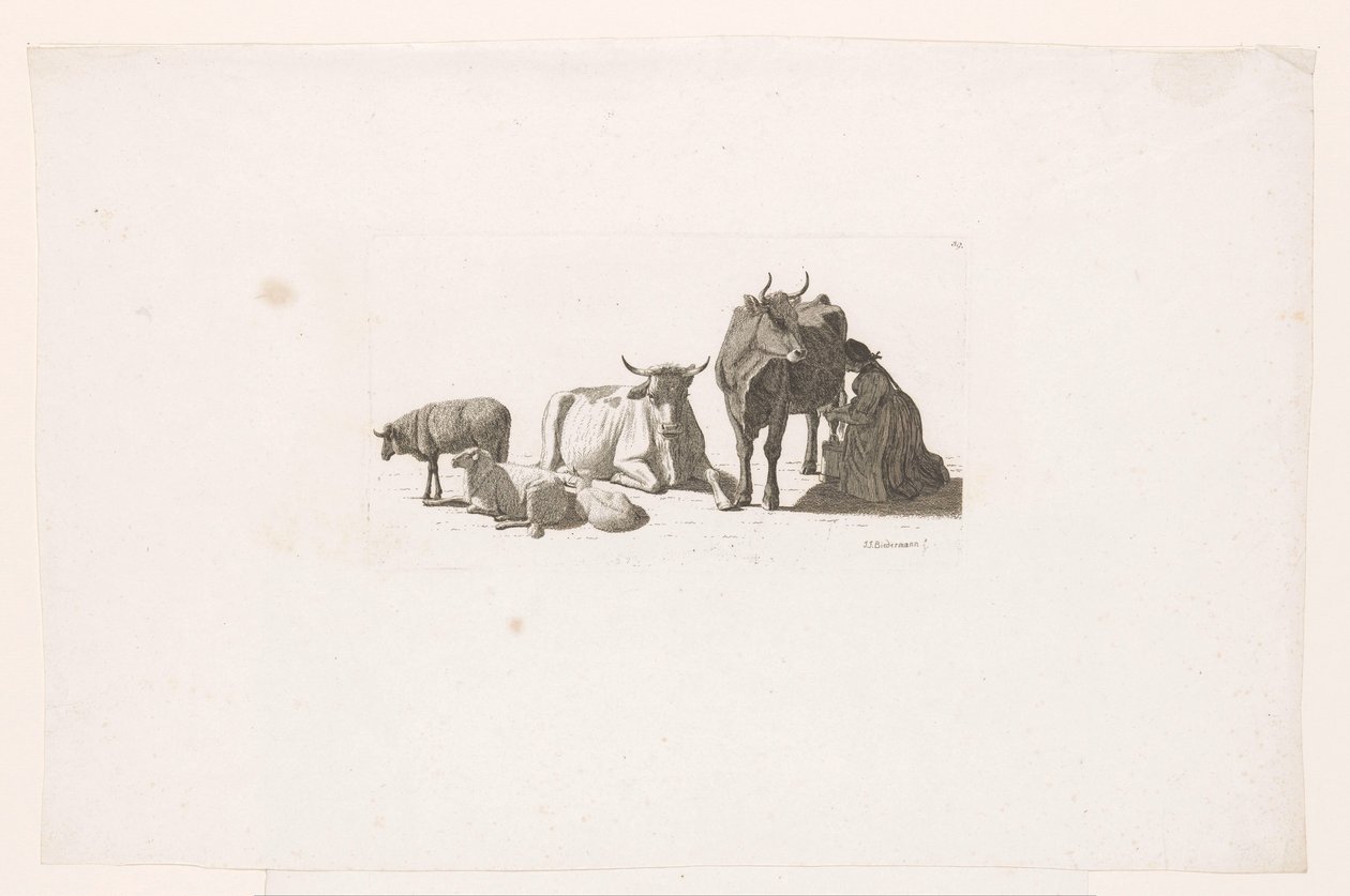 Mulher ordenhando uma vaca, com gado e ovelhas. de Johan Jakob Biedermann