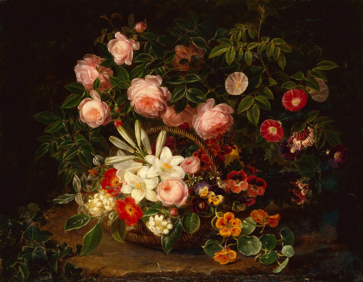 Uma cesta de rosas, lírios e amores-perfeitos por uma roseira de Johan Laurents Jensen