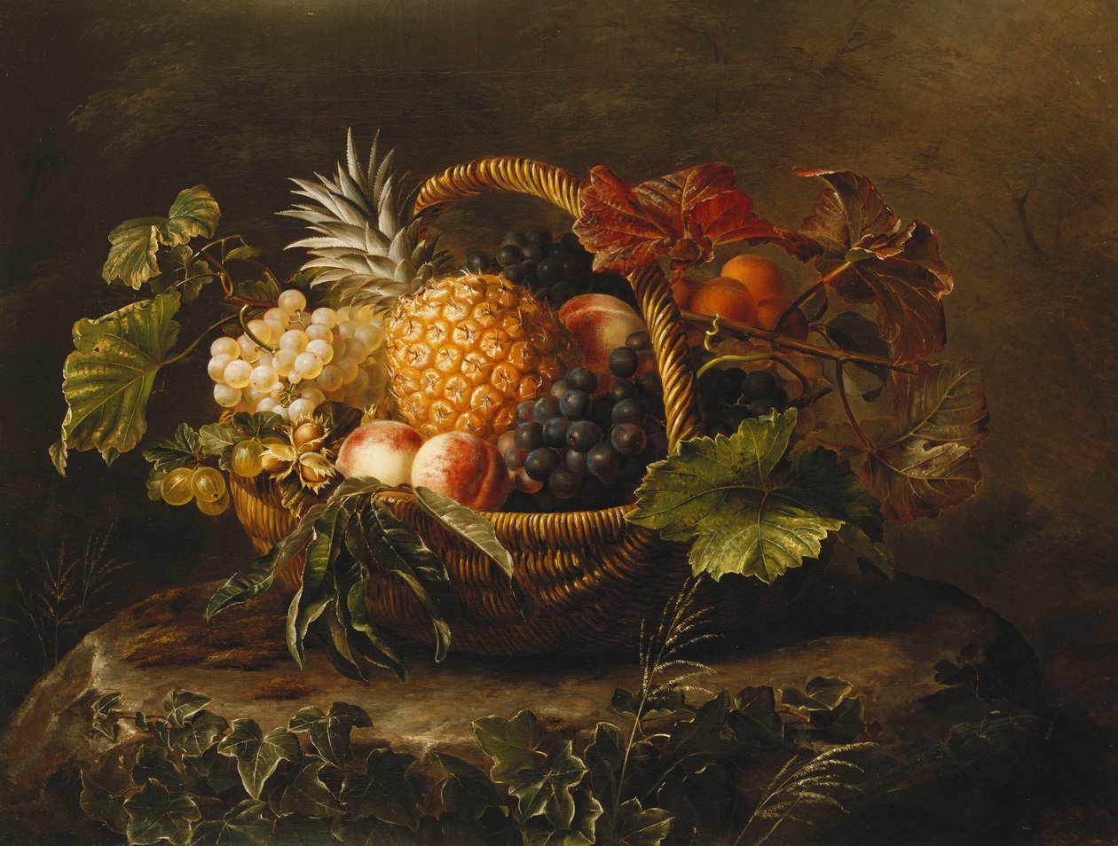 Um abacaxi, uvas, pêssegos e damascos em uma cesta, de Johan Laurents Jensen