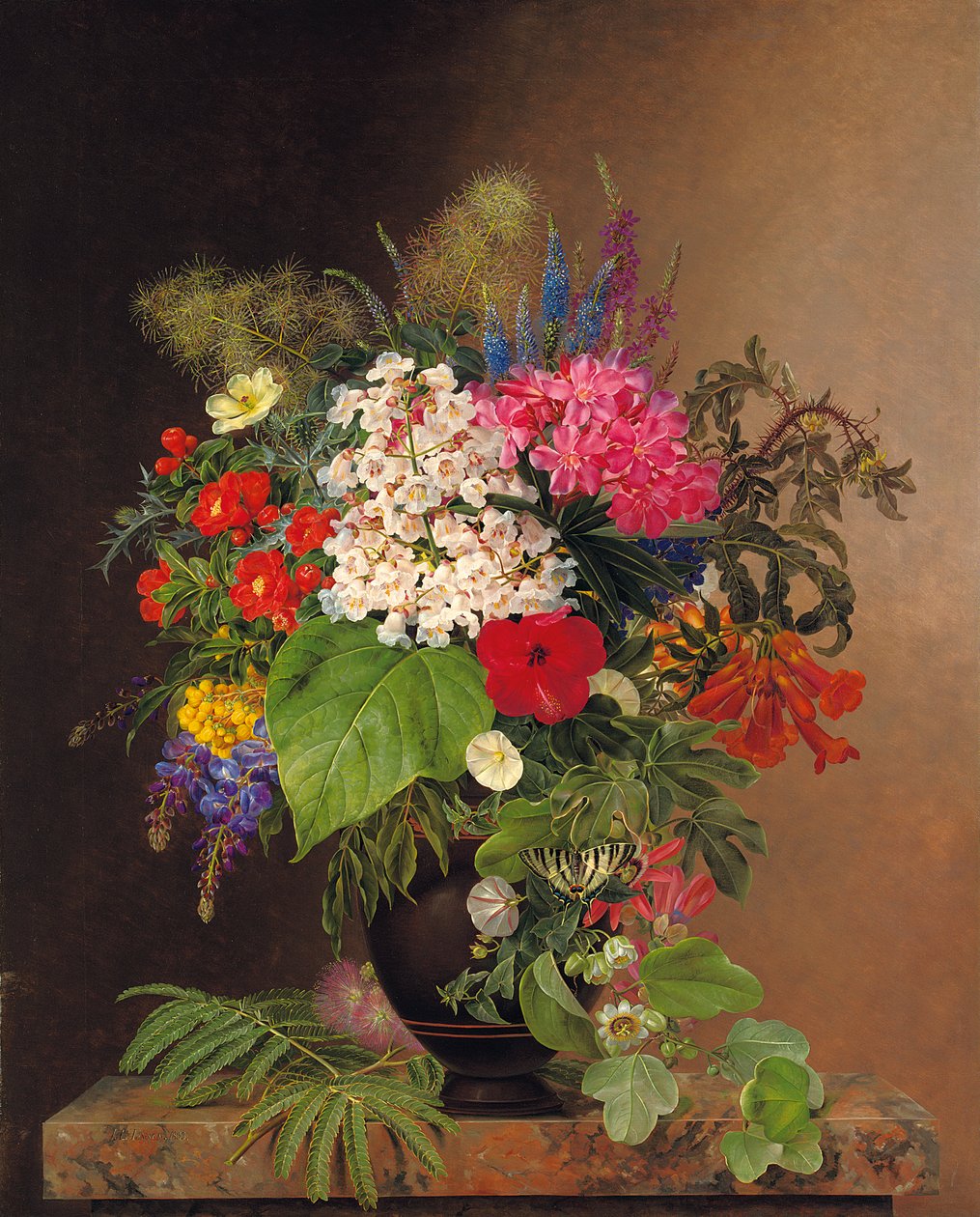 Convulvulus, tremoço, speedwell e fuschia em um vaso, 1833 de Johan Laurents Jensen