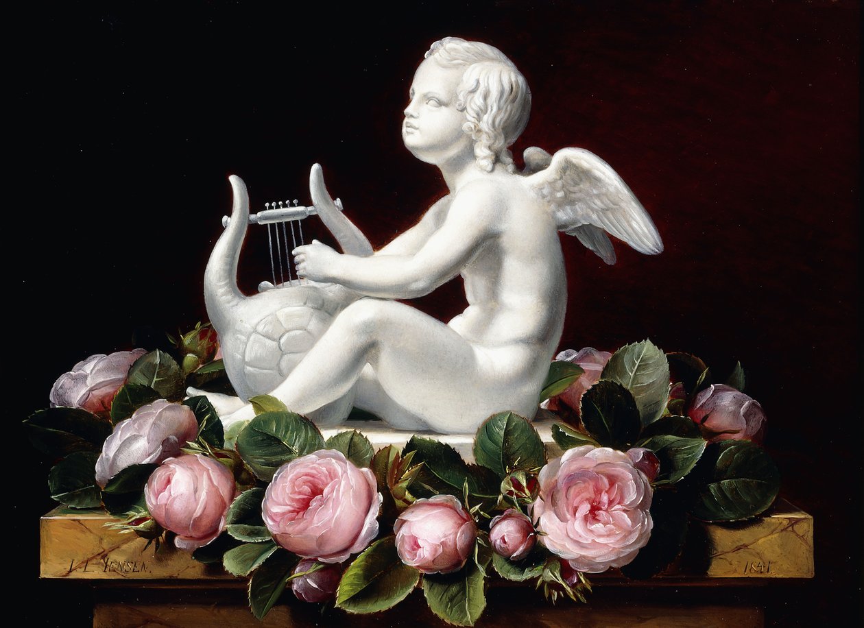 Guirlanda de Rosas Rosa em torno de Cupido tocando uma Lira em uma borda de mármore, 1841 de Johan Laurents Jensen