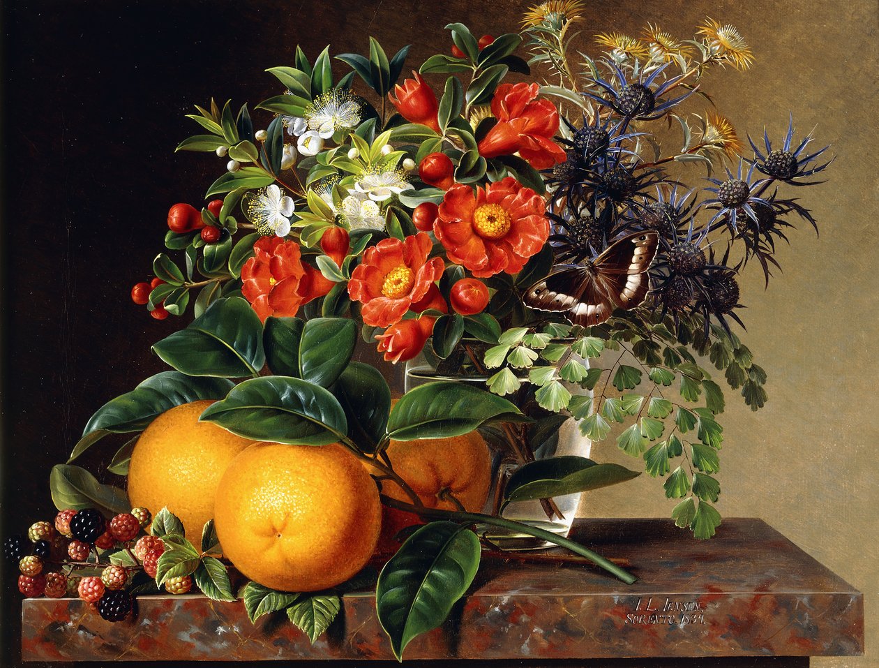 Laranjas, amoras e um vaso de flores em uma borda, 1834 de Johan Laurents Jensen