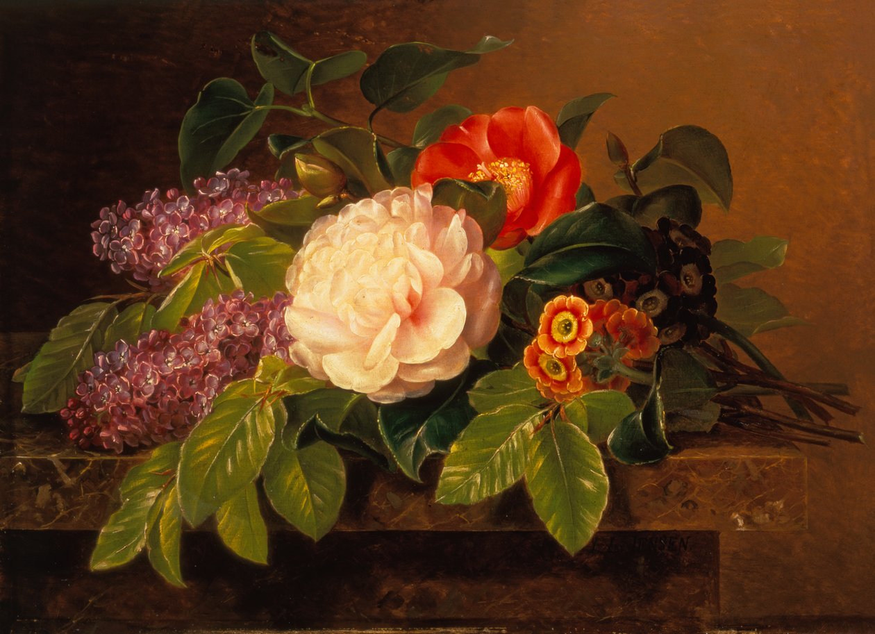 Peónias, Lilás e Primulas sobre um Marble Ledge (óleo sobre painel) de Johan Laurents Jensen