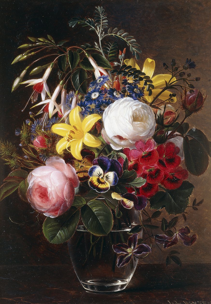 Rosas, lírios, amores-perfeitos e outras flores em um vaso, de Johan Laurents Jensen