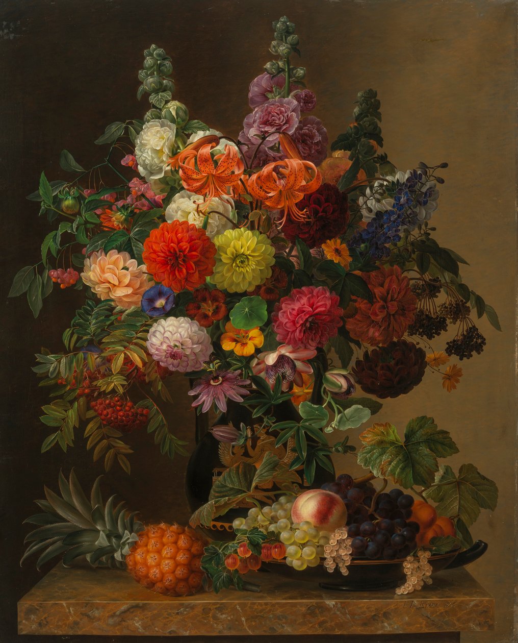 Natureza morta com flores e frutos, 1836. de Johan Laurentz Jensen