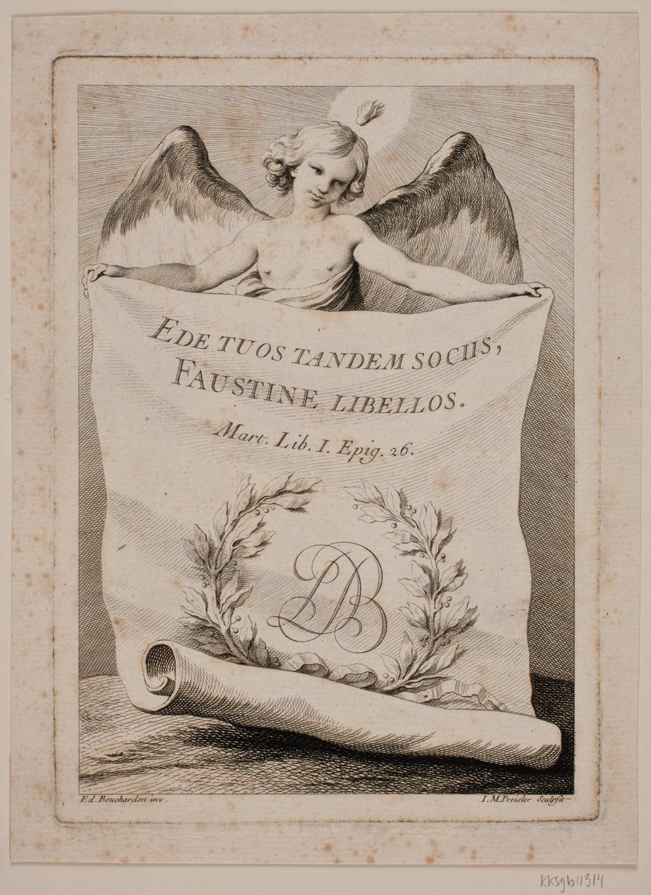 Título de cobre com um anjo segurando um papel grande de Johan Martin Preisler