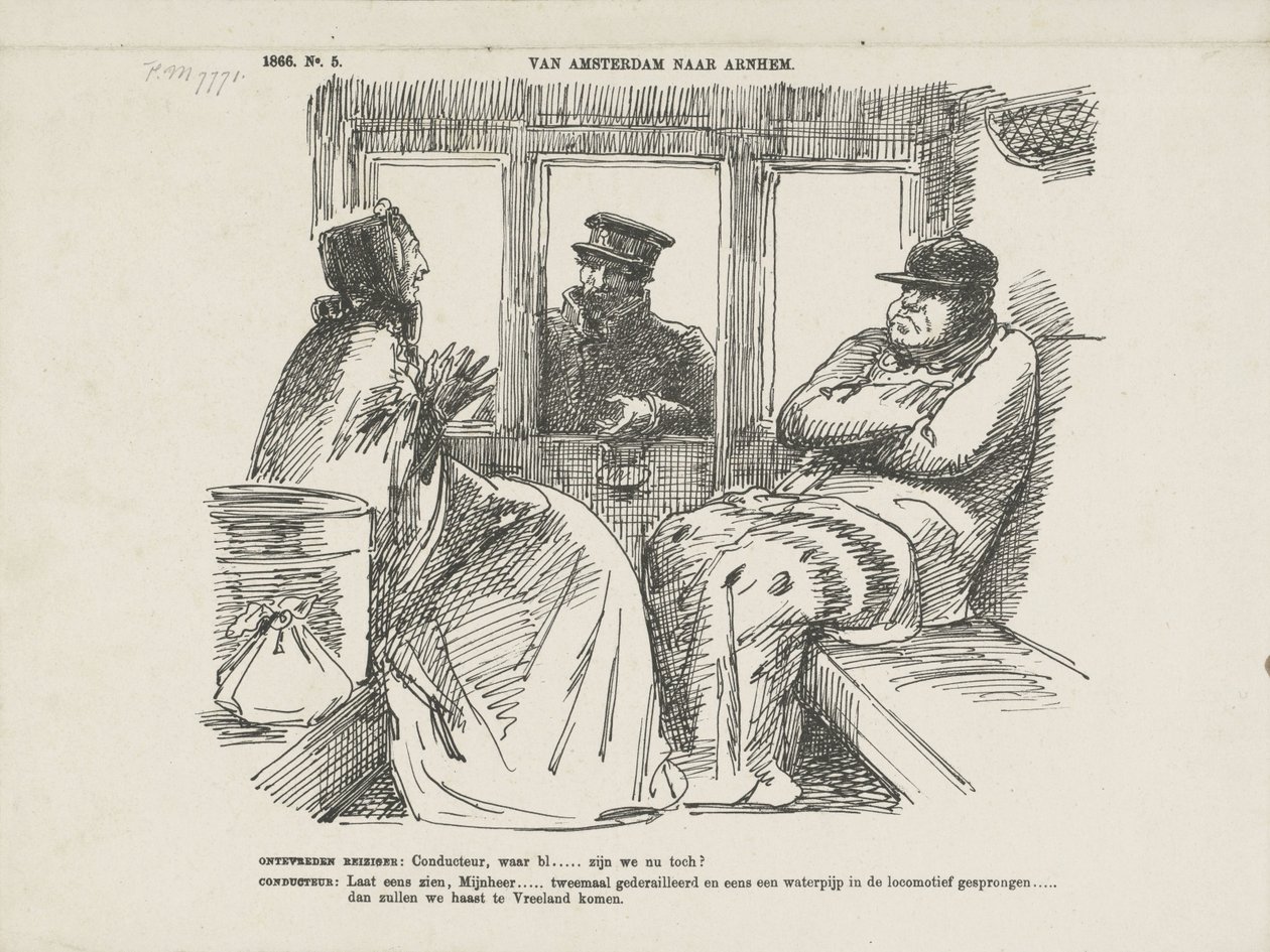Caricatura dos muitos acidentes no Rhijnspoorweg, 1866 De Amsterdã a Arnhem (título no objeto) de Johan Michaël Schmidt Crans