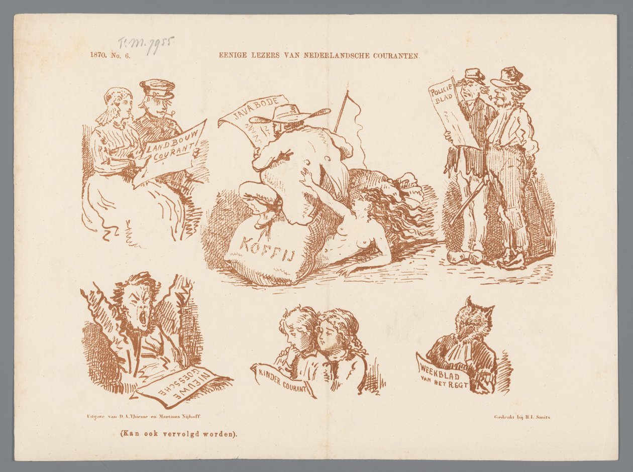 Caricatura dos diferentes tipos de leitores de jornais, 1870 Alguns leitores de jornais holandeses (título no objeto) de Johan Michaël Schmidt Crans