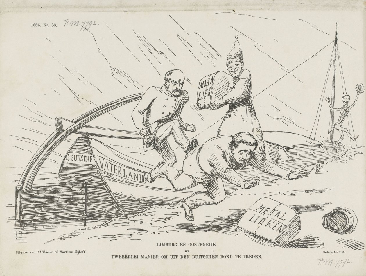 Cartoon sobre Bismarck e a Confederação Alemã, 1866 Limburgo e Áustria ou duas maneiras de deixar a Confederação Alemã (título no objeto) de Johan Michaël Schmidt Crans