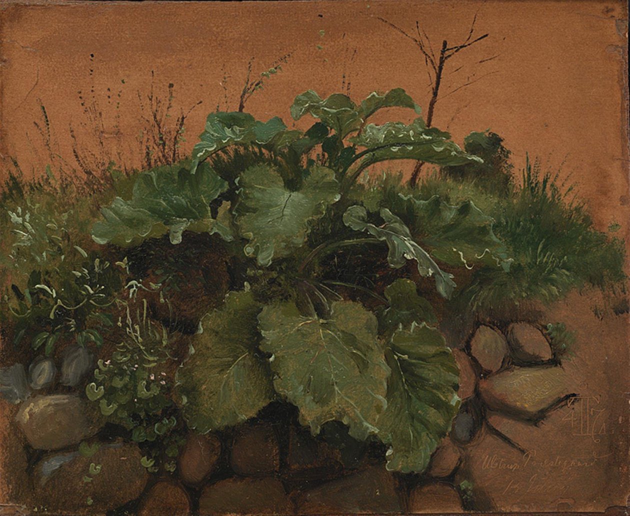 Uma bardana e outras plantas em uma parede de pedra de Johan Thomas Lundbye