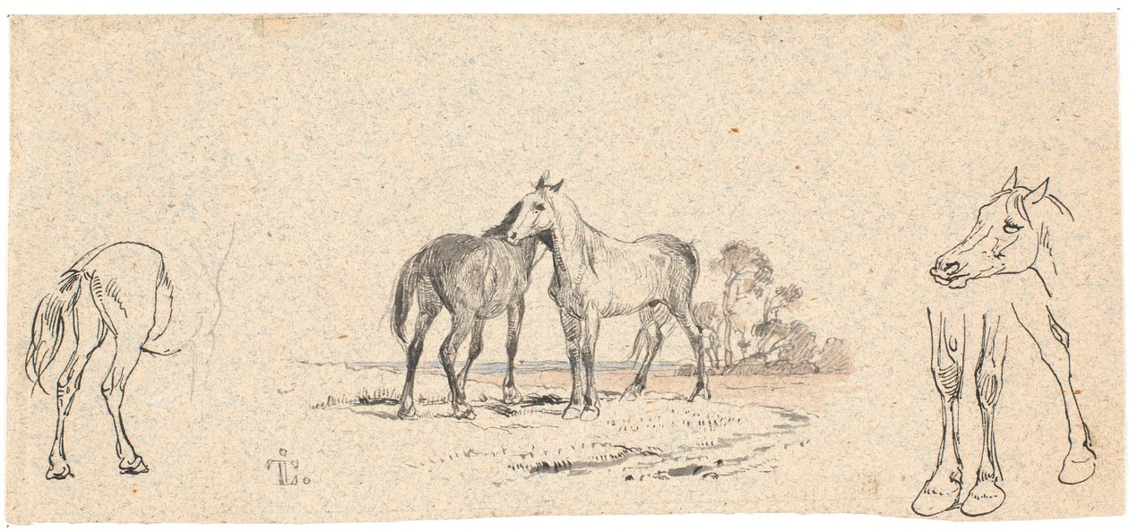 Os dois cavalos; e estudo de cavalos de Johan Thomas Lundbye