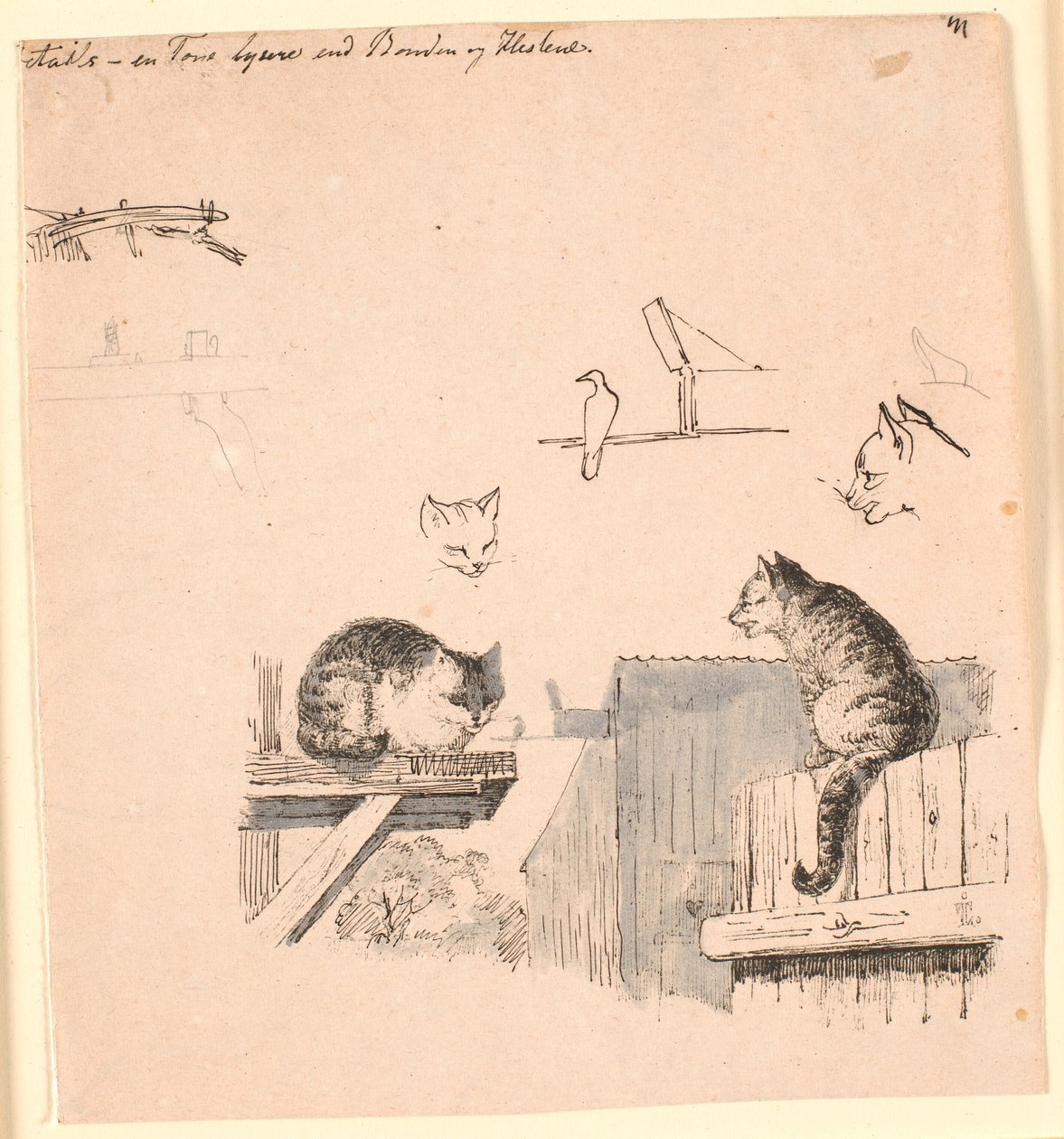 Os dois gatos. F.o. estudos de cabeças de gato, um pássaro, uma orelha de gato e trabalho com vigas. Ilustração para "Fábulas para Crianças" de Kaalund. Veja o comentário do catálogo de folhas. de Johan Thomas Lundbye