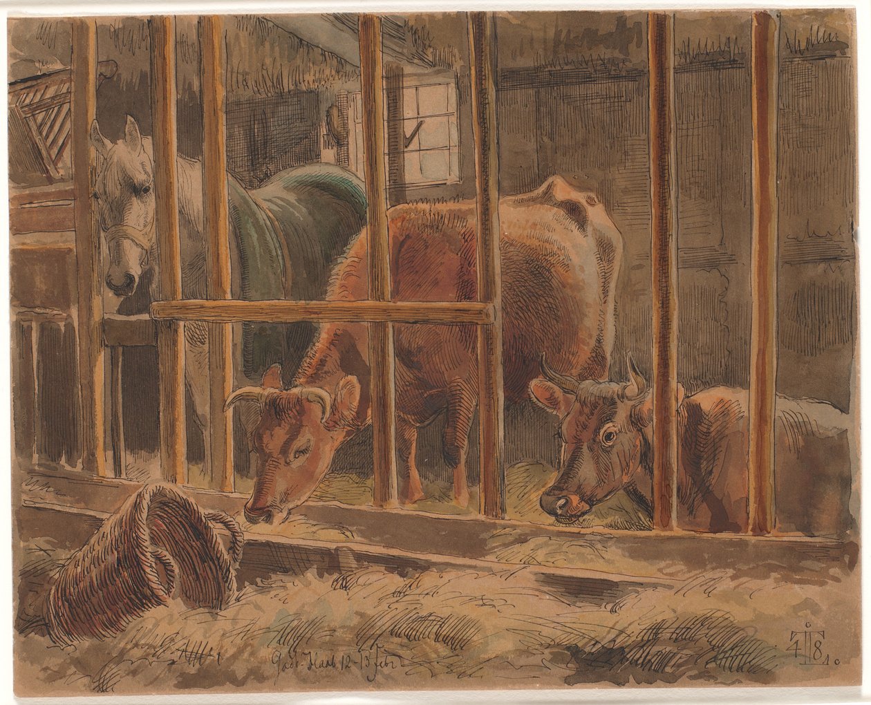 O interior de um estábulo com um cavalo branco e duas vacas de Johan Thomas Lundbye