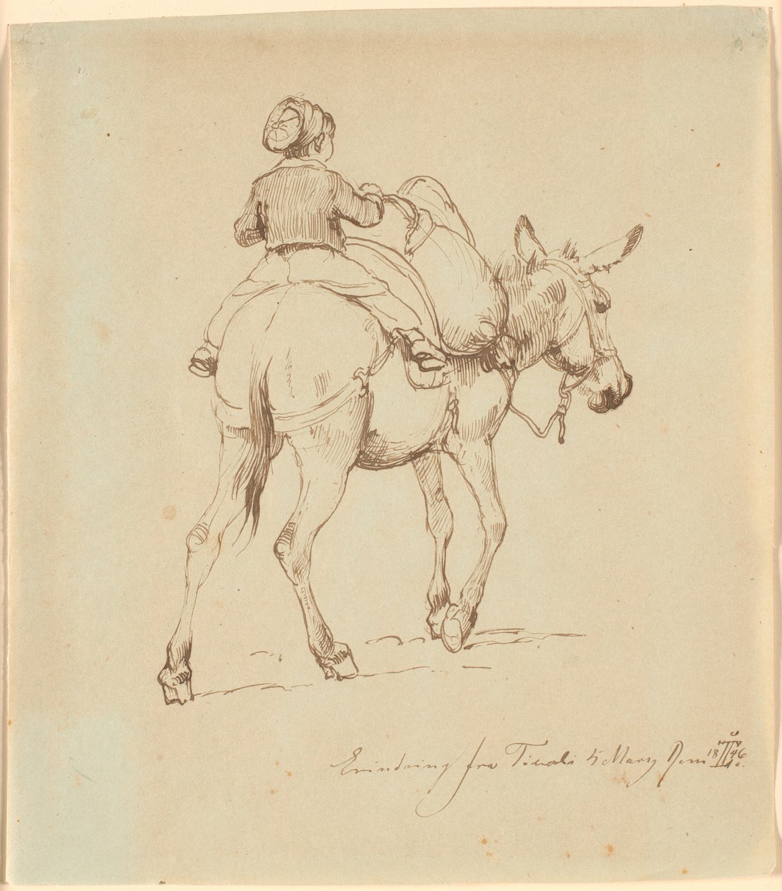 Um menino sentado em um burro carregado, visto por trás de Johan Thomas Lundbye