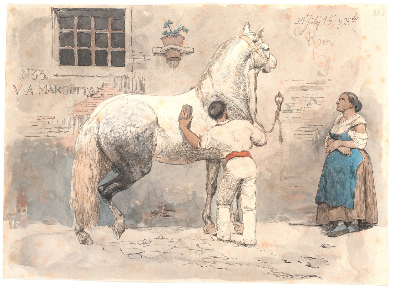 Um cavalo mofado cinza é preparado na Via Margutta de Johan Thomas Lundbye