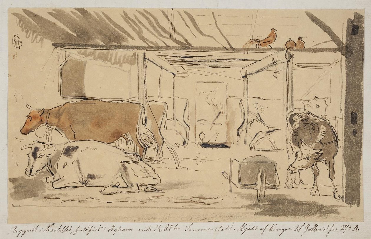 Um estábulo em uma casa de fazenda, colado na página 19 f.n. de Johan Thomas Lundbye