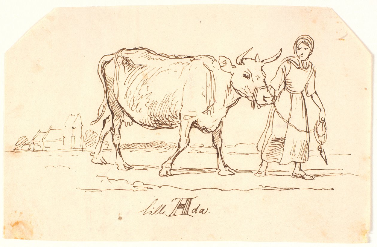 Uma garota puxando uma vaca em uma paisagem com uma igreja. "Pequena Ada" de Johan Thomas Lundbye