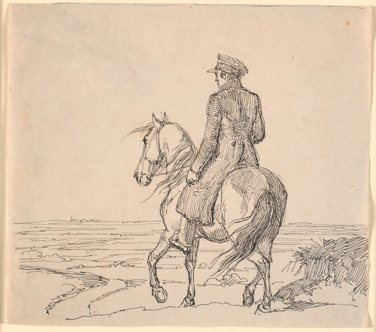 Um cavaleiro visto obliquamente por trás cavalgando em direção a vasta paisagem de Johan Thomas Lundbye