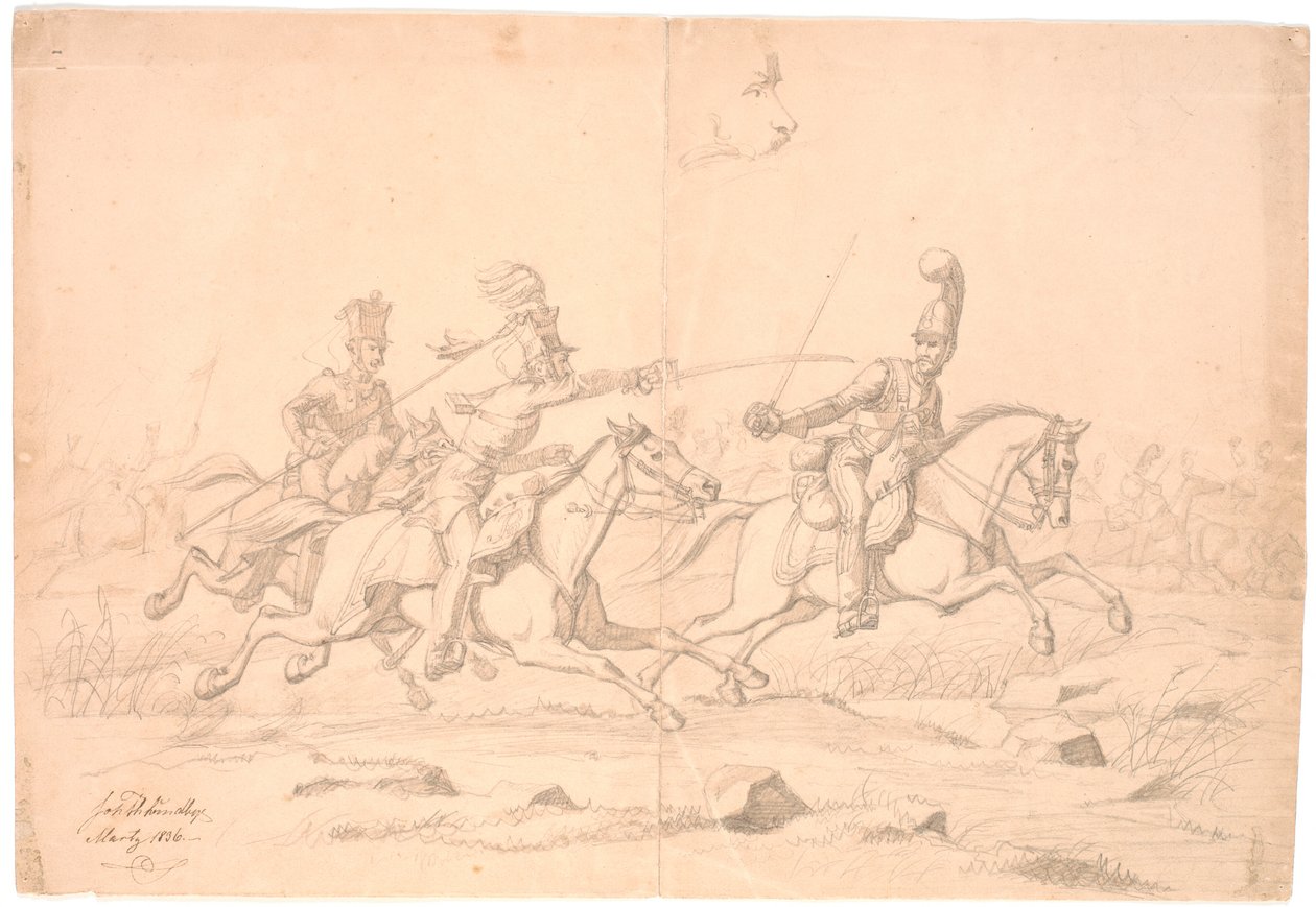 Um duelo equestre; acima de um estudo de uma cabeça de Johan Thomas Lundbye
