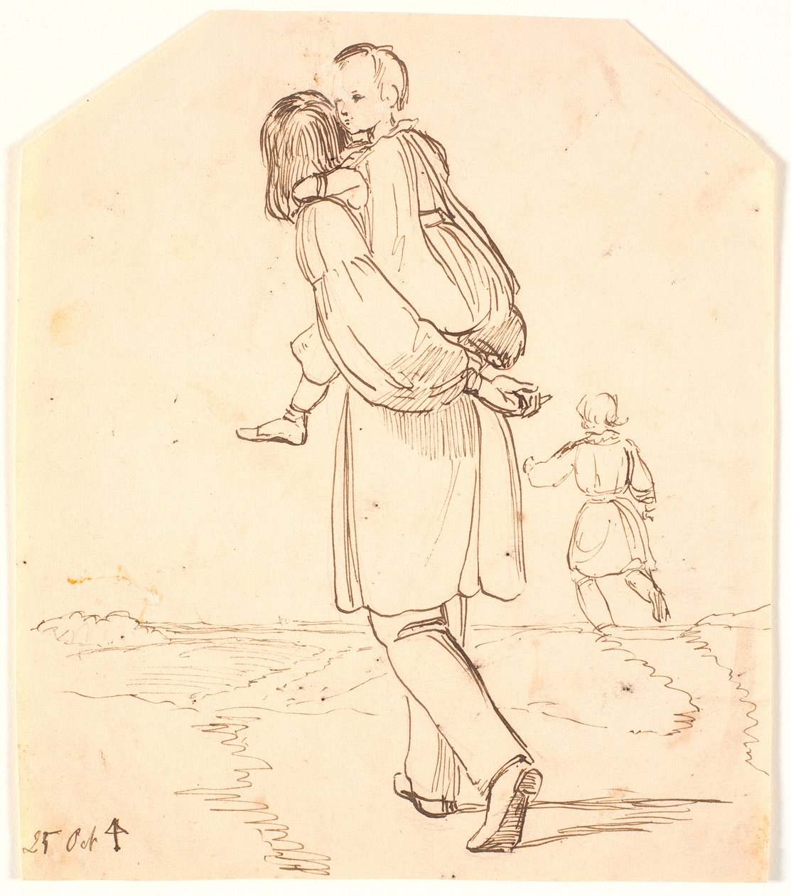 Um jovem transporta uma menina às costas através de uma paisagem de Johan Thomas Lundbye