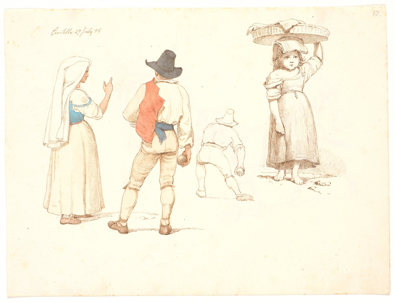 Estudos de quatro figuras. Mulher em pé e jogador de bocha em pé, um jogador de bocha jogando e menina com uma cesta na cabeça de Johan Thomas Lundbye