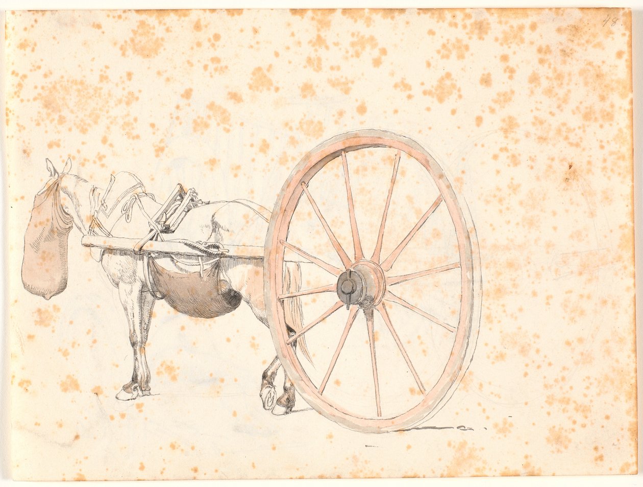 Estudo bem elaborado de um cavalo de carroça com uma sacola, apenas a vara da carroça e uma roda muito grande são visíveis da carroça de Johan Thomas Lundbye