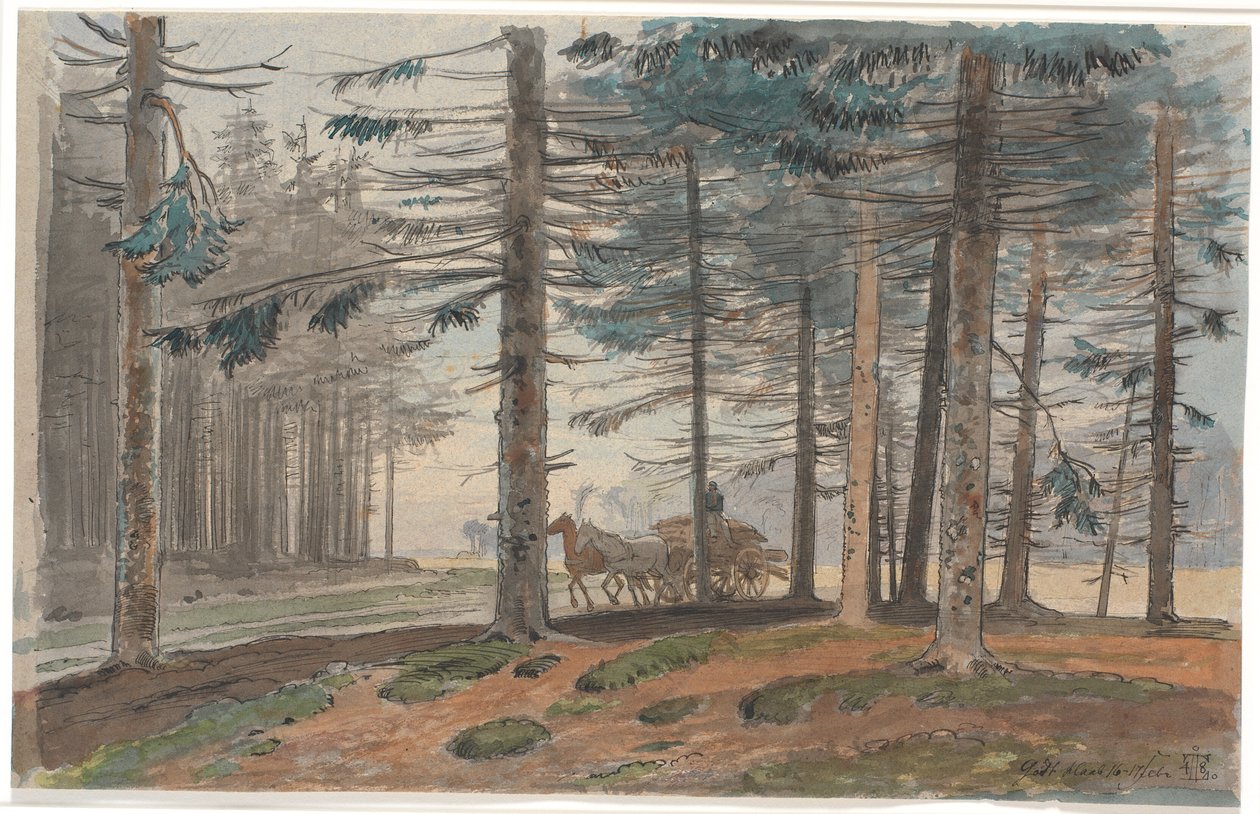 Floresta de abetos com estrada, na qual corre uma carruagem puxada por cavalos com carga de lenha. Ao fundo uma clareira na floresta de Johan Thomas Lundbye