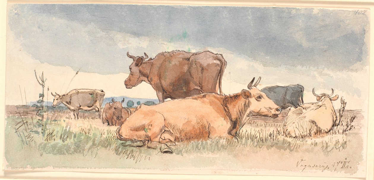 Paisagem com três vacas deitadas e três em pé de Johan Thomas Lundbye
