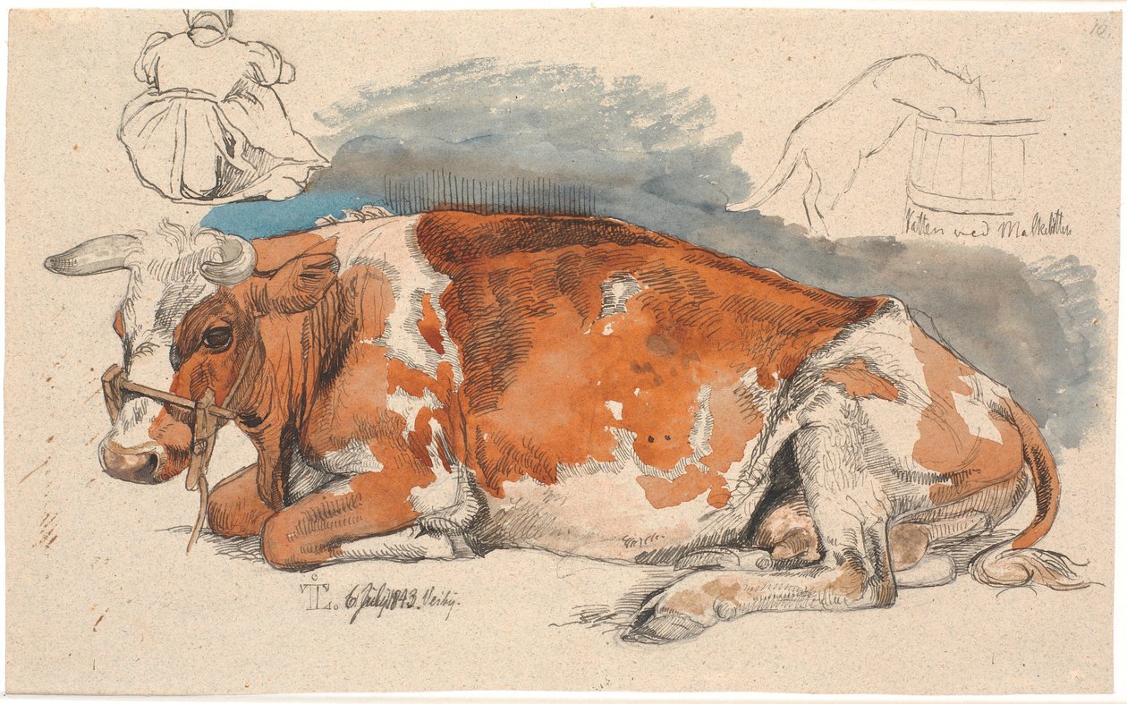 Vaca deitada. No topo, à esquerda, uma camponesa sentada, t.h. um gato bebendo de um dente de leão de Johan Thomas Lundbye