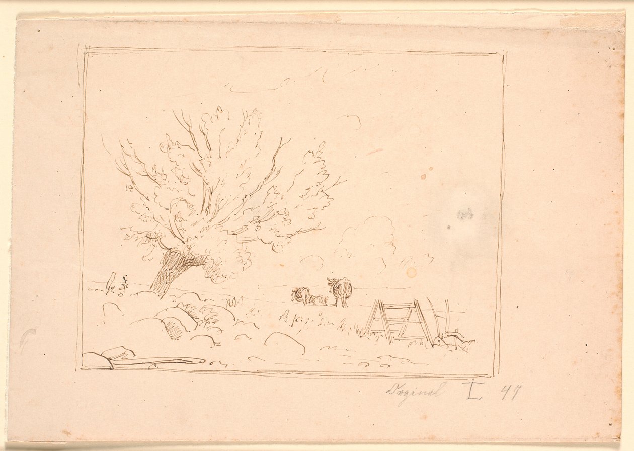 Paisagem de campo com um salgueiro por grandes pedras, um galo, um arado e três vacas de Johan Thomas Lundbye